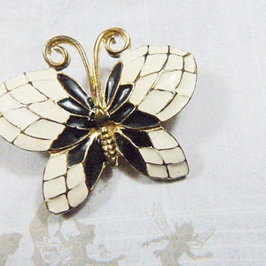 Vintage Black and White Butterfly Brooch - BUT-110 - Black Butterfly Brooch - White and Black Butterfly Brooch