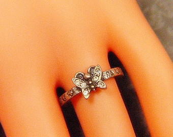 Vintage Silber und Strass Schmetterling Ring - Größe 6,25 - BUT-167 - Strass Ring - Schmetterling Schmuck
