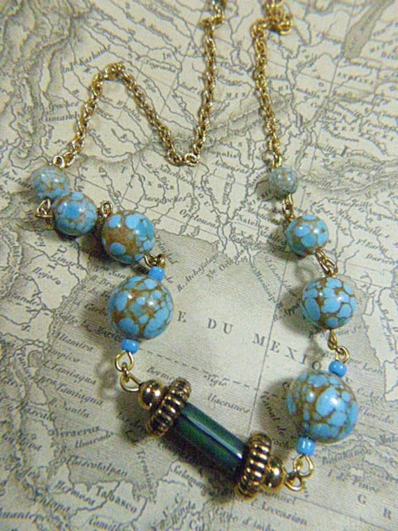 Vintage Blue Bead Choker Necklace - N-355 - Gold N