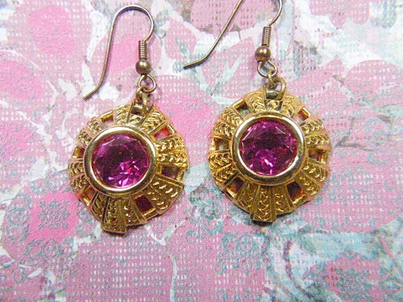 Vintage Gold and Pink Rhinestone Hook Earrings - … - image 1