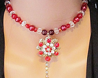 Rhinestone rojo vintage collar gargantilla - N-472 - Rhinestone rojo gargantilla