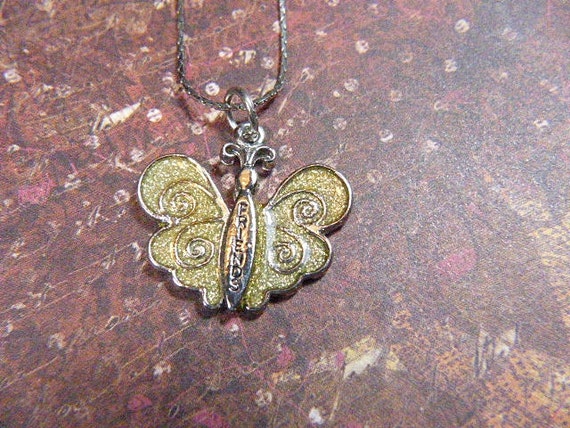 Vintage Butterfly Pendant and Silver Chain - BUT-… - image 1