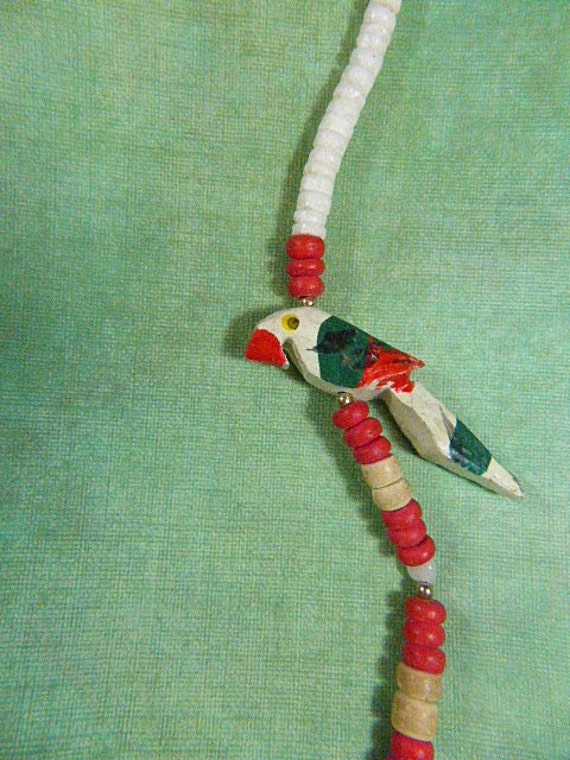 Vintage 1970s Hand Painted Wood Parrot Necklace -… - image 1