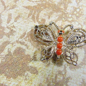 Vintage Gold filigran Schmetterling Brosche mit Orange Perlen - aber-63