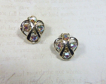 Vintage Gold and Aurora Borealis Rhinestone Clip Earrings - V-EAR-650 - Bridal Jewelry - Rhinestone Earrings - Aurora Borealis Earrings