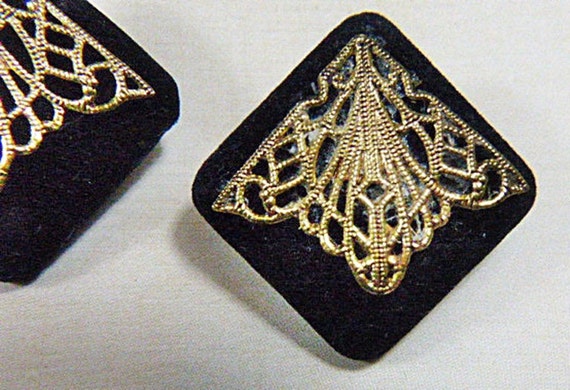 Vintage Black Suede and Gold Filigree Clip Earrin… - image 2