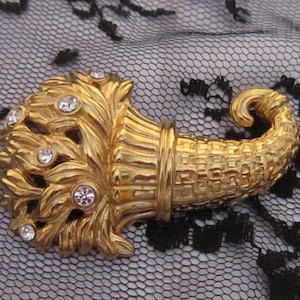 Vintage MONET Horn of Plenty Gold Brooch With Rhinestones - BR-560