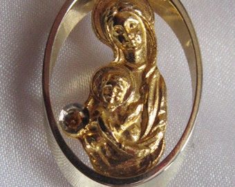 Vintage Mother Mary and Baby Jesus Gold Brooch