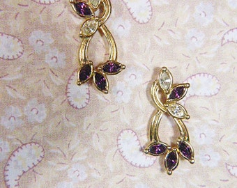 Vintage AVON Purple Rhinestone and Gold Pierced Earrings - V-EAR-647 - AVON Purple Rhinestone Earrings - Avon Pierced Earrings