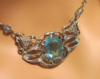 Vintage blau Strass Halskette und Ohrringe Set, Demi-Parure - blau Strass Ohrringe - blau Strass durchbohrte Ohrringe N-199