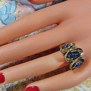 Vintage Gold and Cobalt Blue Marquis Rhinestone Ring - Size 7 - R-702