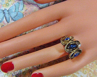 Vintage Gold and Cobalt Blue Marquis Rhinestone Ring - Size 7 - R-702