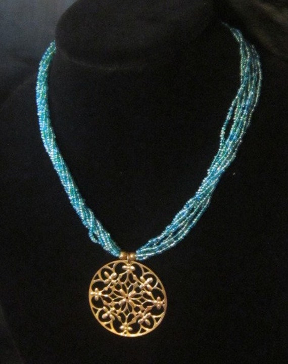 Vintage Blue Necklace With Gold Filigree Pendant … - image 2