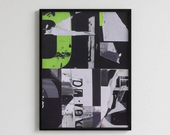Urban Abstract Print, Neon Green, Deep Black, and White Graphic Collage