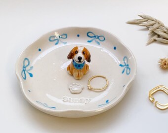 Gepersonaliseerde blauwe strik huisdier portret ring schotel met 3D hond/kat ontwerp schattige strik huisdier sieraden schotel keramische lade huisdier minnaar ringhouder