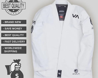 May include: A white martial arts uniform with the brand name "RVCA" visible. The uniform has black logos and text, including "VA" and "RVCA". The image also includes text that says "BEST QUALITY", "BRAND NEW", "SAVE MONEY", and "FAST DELIVERY".