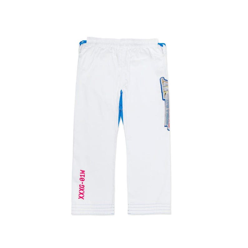 May include: White martial arts trousers with blue detailing and stitching. The trousers feature a logo on the side and the text "XXXG-01W" in pink on the leg. Designed for martial arts training.
