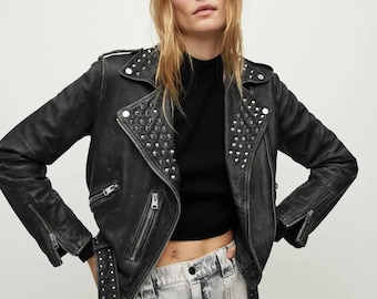 Kurtka motocyklowa damska z czarnej skóry z ćwiekami: Punk Rock Moto Coat