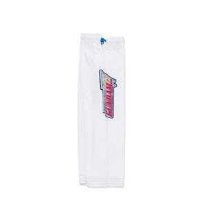 May include: White martial arts trousers with a blue drawstring. The trousers feature a colourful logo that says "GUNDAM" in red and blue. The trousers are folded and appear to be made of a durable fabric.