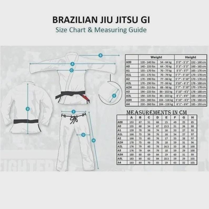 May include: Brazilian Jiu Jitsu GI size chart and measuring guide. Features diagrams of the gi and pants with measurements in centimetres. Also includes weight and height information in pounds and inches.