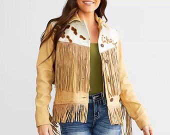 Handgjord läderjacka med fransar: Western Boho Hair-On-kappa