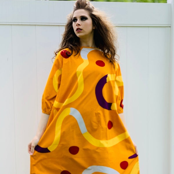 Vintage Marimekko Gown ”Mutka”  Pentti Rinta 1975 O/S Cotton Gold Purple Dot Sack Dress