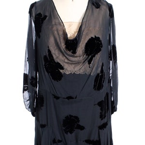 Downton Gatsby 1920s Flapper  Gown Vintage Black Silk Velvet Burnout Dress M 40-38-44 Deco