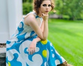 VTG 1966 RARE Marimekko Maxi Gown Turquoise Blue, White, Yellow Keidas by Annika Rimala Small