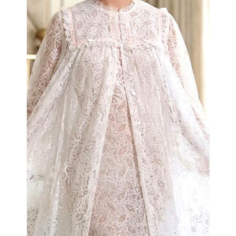 VTG 1960s Perri Ann Peignoir Set White Lace Bridal Nylon M L Romantic M/L image 2
