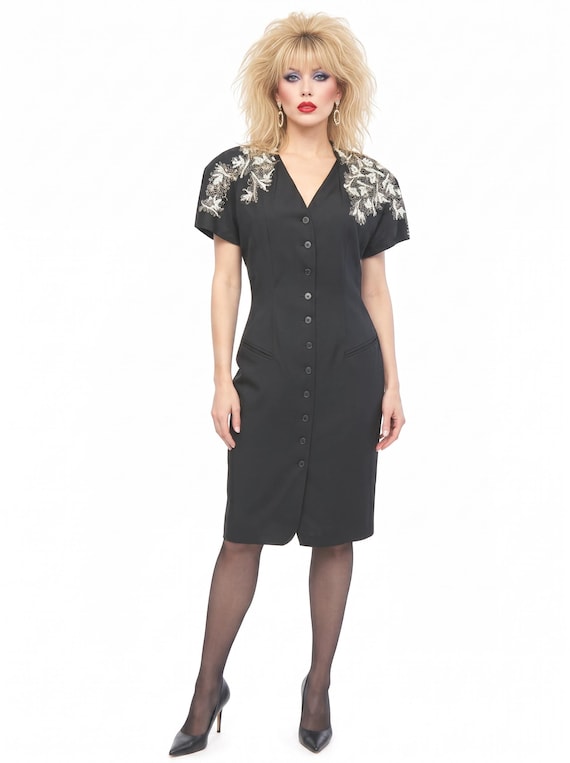 VTG 1980s Tahari Halla Kutee Block Prints Wiggle Dress Black Gold White M/L 12