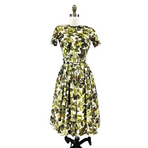 Gorgeous VTG 50s Miss R Cotton Green Floral Full Skirt  Dress Sz S