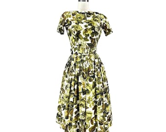 Miss R VTG 1950s Cotton Dress Cream Green Floral Full Skirt Belt Rockabilly S