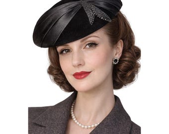 VTG 1950s Black Velvet Hat Cathay Beaded Satin Cocktail Noir Glam Saucer Style