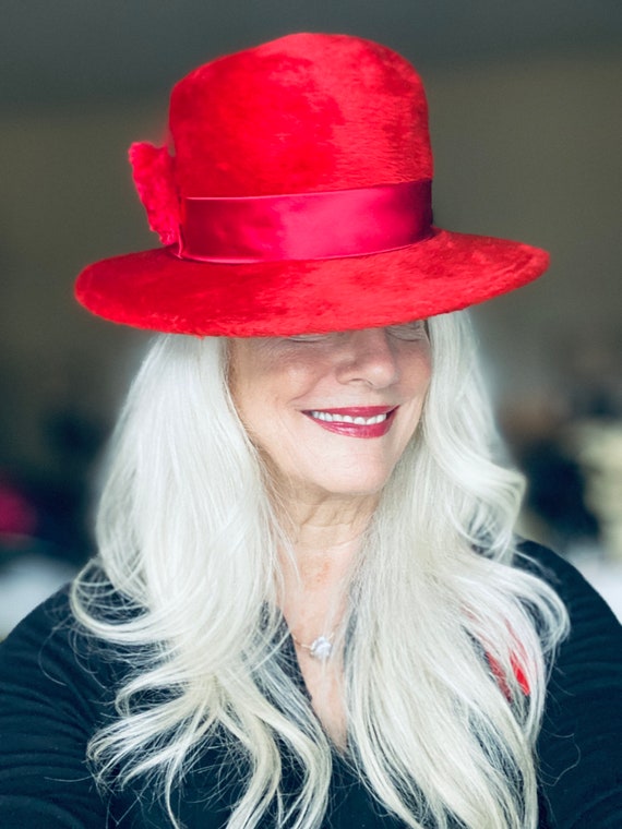 Vintage Adolfo Realites Red Fur Felt Brimmed Hat … - image 2