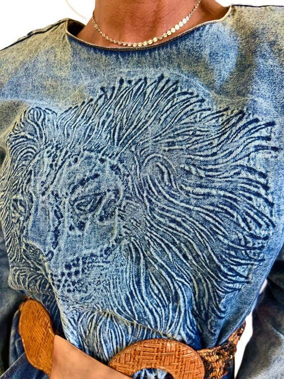 usa vintage ✴︎ デニムJK ✴︎ lew magram Vintage Lew Magram Embossed Maned Lion 80s Denim Jumpsuit S