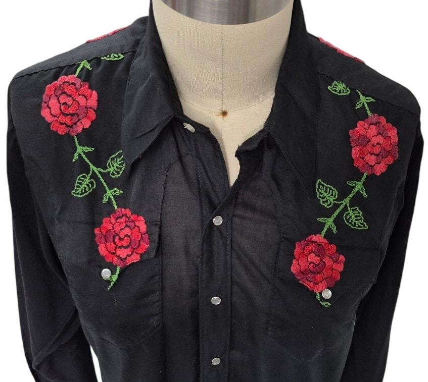 VTG Rockmount Ranch Wear Tru-west Black Red Embroidered Pearl Snap
