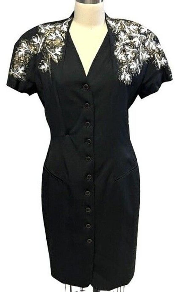 VTG 1980s Tahari Halla Kutee Block Prints Wiggle Dress Black Gold White M/L 12 VTG 1980s Tahari Halla Kutee Block Prints Wiggle Dress Black Gold White M/L 12