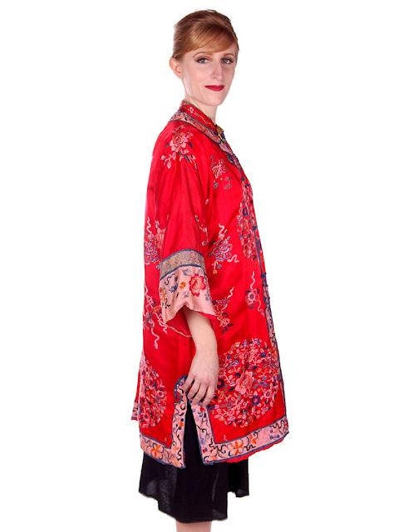 Antique Victorian Chinese Robe Coat Red Silk Embr… - image 2
