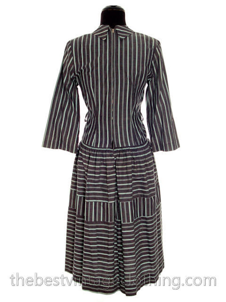 Sale VTG 1940s Day Dress Cotton Gray Seafoam Green Stripes Bows S M Guernsey Pie