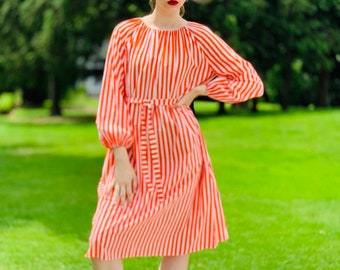 VTG 1970s Vuokko Finland Orange Stripe Cotton Dress Peasant Style w Belt Sz S/M
