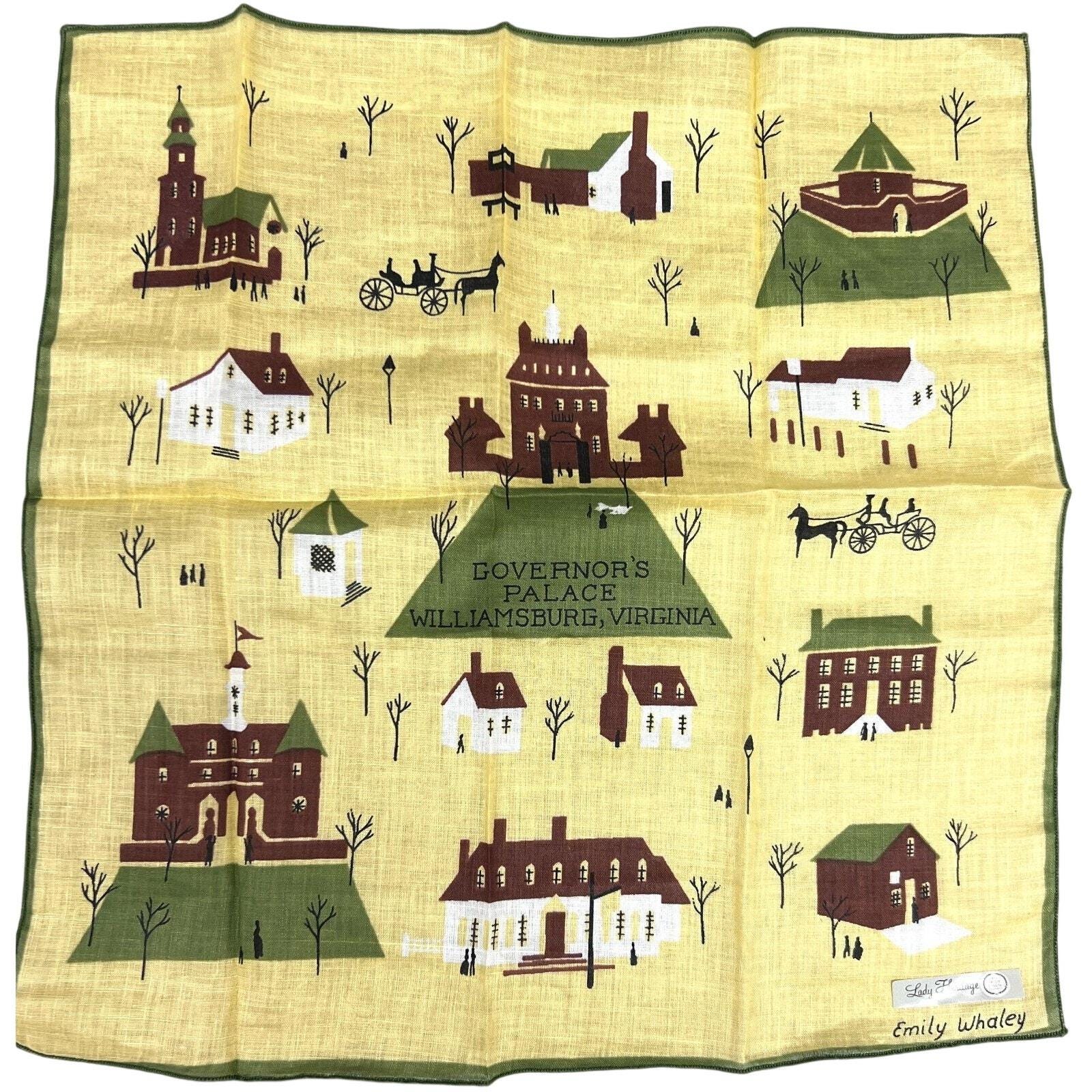 VTG 1950s Emily Whaley Irish Linen Hankie Williamsburg Print NWT