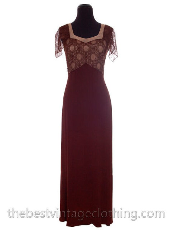 Vintage 1930s 2 PC Gown Dress Long Brown Rayon Cre