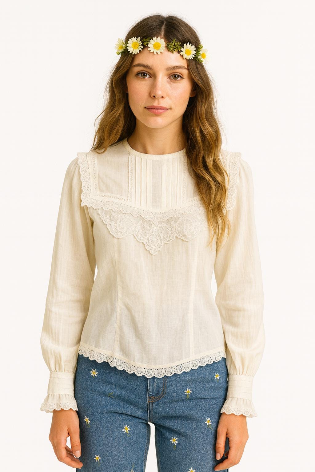 70s VTG Jessica's Gunnies San Francisco Pleated Lacy Blouse Gunne