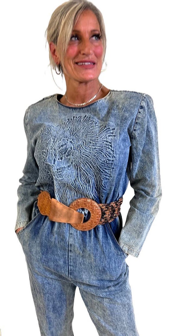 usa vintage ✴︎ デニムJK ✴︎ lew magram Vintage Lew Magram Embossed Maned Lion 80s Denim Jumpsuit S