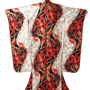 May include: A traditional Japanese kimono with a vibrant floral pattern. The kimono features a cream-colored background with black, red, and gold accents. The design includes stylized red flowers and gold branches, creating a striking visual effect.