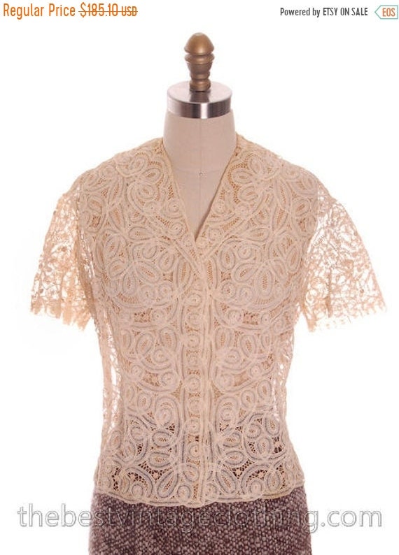 On Sale Amazing Vintage Blouse Cream Battenburg Ta