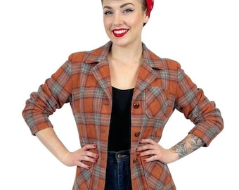 1970s VTG 1970s Pendleton Petite Wolle Karierte Jacke Orange Grau Old-Money Cabincore
