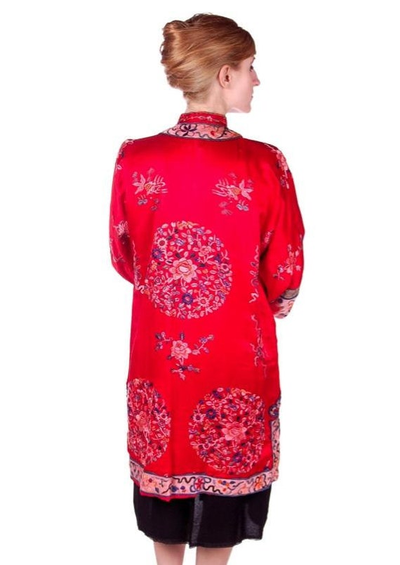 Antique Victorian Chinese Robe Coat Red Silk Embr… - image 3