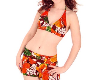 Traje De Baño Vintage Para Mujer Traje De Baño Bikini De 2 Piezas De Los Años 70 Pantalones Cortos Halter Con Estampado Hawaiano