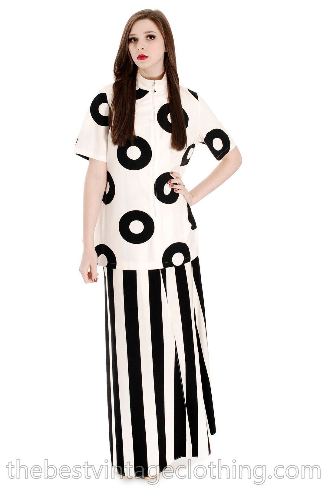 Saia envelope listrada vintage Vuokko dos anos 70, designer maxi